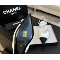 Low Cost Chanel Lambskin & Grosgrain Flats Slingbacks with Pearls White 2025 CH110314 1103118
