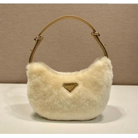 Famous Brand Prada Arque shearling and leather shoulder bag 1BC194 Ecru Beige 2025