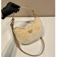 Famous Brand Prada Arque shearling and leather shoulder bag 1BC194 Ecru Beige 2025