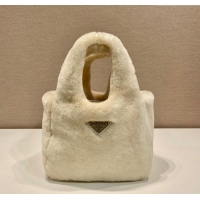 Luxury Discount Prada Mini shearling handbag 1BA349 Ecru Beige 2025