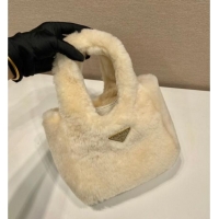 Luxury Discount Prada Mini shearling handbag 1BA349 Ecru Beige 2025
