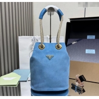 Traditional Discount Prada Mariner small suede bucket bag 1BE082 Blue 2025