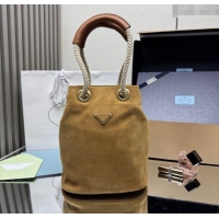 Original Cheap Prada Mariner small suede bucket bag 1BE082 Cinnamon Brown 2025