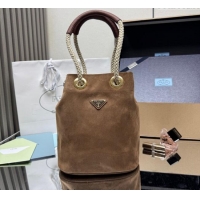 Best Price Prada Mariner small suede bucket bag 1BE082 Cocoa Brown 2025