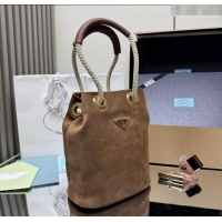 Best Price Prada Mariner small suede bucket bag 1BE082 Cocoa Brown 2025