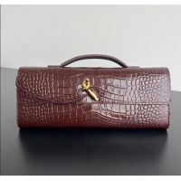 Top Grade Bottega Veneta Long Clutch Bag Andiamo in Crocodile Embossed Leather 741511 Dark Brown 2025