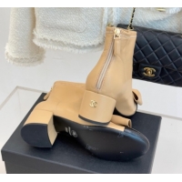 Good Quality Chanel Lambskin Heel Ankle Boots with Bow Beige 2025 CH110303 1103123