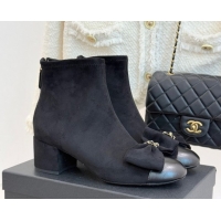 Stylish Chanel Suede and Calfskin Heel Ankle Boots with Bow Black CH110303 1103124