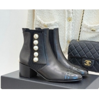 Perfect Chanel Lambskin & Patent Leather Heel Ankle Boots 5cm with Pearls Black 2026 CH11030316 1103125