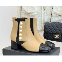 Grade Quality Chanel Lambskin & Patent Leather Heel Ankle Boots 5cm with Pearls Beige CH11030316 1103126