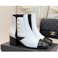 Best Price Chanel Lambskin & Patent Leather Heel Ankle Boots 5cm with Pearls White CH11030316 1103127