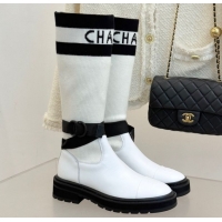 Sophisticated Chanel Knit and Calfskin Medium Boots with Buckle White CH11030317 1103128