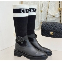 Duplicate Chanel Knit and Calfskin Medium Boots with Buckle Black 2025 CH11030317 1103129