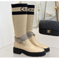 Stylish Chanel Knit and Calfskin Medium Boots with Buckle Beige 2025 CH11030317 1103130