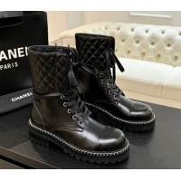 Perfect Chanel Lambskin and Quilted Leather Laced-up Ankle Boots 5cm with Chain Black 2025 CH11030320 1103140
