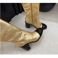 Luxurious Chanel Calfskin & Patent Leather Heel High Boots 5cm Gold 2025 G46789 1104008