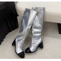 Good Product Chanel Calfskin & Patent Leather Heel High Boots 5cm Silver 2025 G46789 1104009