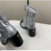 Luxurious Chanel Calfskin & Patent Leather Heel Ankle Boots 5cm Silver 2025 G46789 1104012