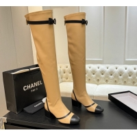 Shop Duplicate Chanel Stretch Lambskin Thigh High Boots 5cm with Bow Beige 2025 G46757 1104020
