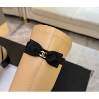 Shop Duplicate Chanel Stretch Lambskin Thigh High Boots 5cm with Bow Beige 2025 G46757 1104020