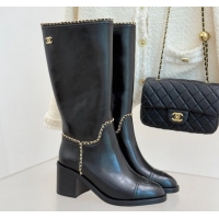 Top Design Chanel Calfskin Leather Heel High Boots with Chain Black 2025 CH110402 1104025