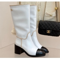 Most Popular Chanel Calfskin Leather Heel High Boots with Chain White 2025 CH110402 1104026
