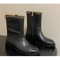 Good Quality Chanel Calfskin and Patent Leather Flat Ankle Boots 3.5cm with Chain Black CH110403 1104030