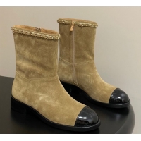 Luxury Chanel Suede and Patent Leather Flat Ankle Boots 3.5cm with Chain Beige CH110403 1104031