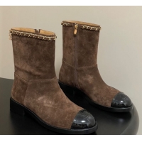 Charming Chanel Suede and Patent Leather Flat Ankle Boots 3.5cm with Chain Brown 2025 CH110403 1104032