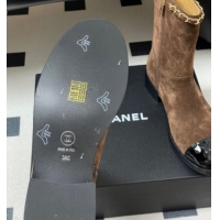 Charming Chanel Suede and Patent Leather Flat Ankle Boots 3.5cm with Chain Brown 2025 CH110403 1104032