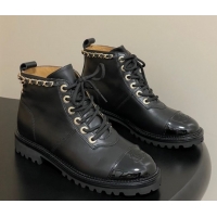 Luxury Cheap Chanel Calfskin and Patent Leather Laced-up Ankle Boots 3.5cm with Chain Black 2025 CH110404 1104033