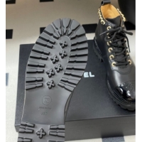Luxury Cheap Chanel Calfskin and Patent Leather Laced-up Ankle Boots 3.5cm with Chain Black 2025 CH110404 1104033