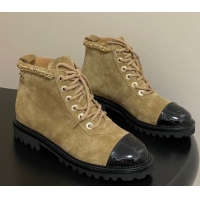 Unique Discount Chanel Suede and Patent Leather Laced-up Ankle Boots 3.5cm with Chain Beige 2025 CH110404 1104034