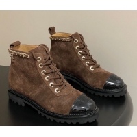 Discount Chanel Suede and Patent Leather Laced-up Ankle Boots 3.5cm with Chain Brown 2025 CH110404 1104035