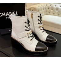 Top Quality Chanel Calfskin Leather Laced-up Ankle Boots with Chain White 2025 CH110405 1104036