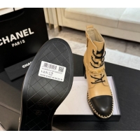 AAAAA Chanel Calfskin Leather Laced-up Ankle Boots with Chain Beige Yellow 2025 CH110405 1104037