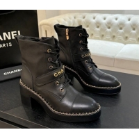 Top Quality Chanel Calfskin Leather Laced-up Ankle Boots with Chain Black 2025 CH110405 1104038