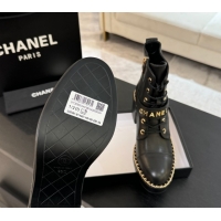 Top Quality Chanel Calfskin Leather Laced-up Ankle Boots with Chain Black 2025 CH110405 1104038