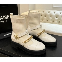 Design Chanel Knit & Calfskin Leather Ankle Boots with Chain White 2025 CH110406 1104039