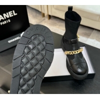 Duplicate Chanel Knit & Calfskin Leather Ankle Boots with Chain Black 2025 CH110406 1104040