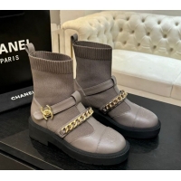 Super Quality Chanel Knit & Calfskin Leather Ankle Boots with Chain Grey 2025 CH110406 1104041