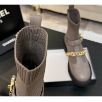 Super Quality Chanel Knit & Calfskin Leather Ankle Boots with Chain Grey 2025 CH110406 1104041