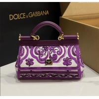 Top Grade Dolce&Gabbana Small Sicily Handbag with Majolica Embroidery D0401 Purple 2025
