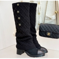 Best Price Chanel Knit, Suede & Calfskin Leather Heel High Boots Black 2025 CH110407 51104042