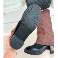 Good Looking Chanel Knit, Suede & Calfskin Leather Heel High Boots Brown 2025 CH110407 1104044