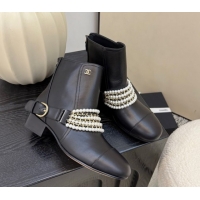 Good Quality Chanel Calfskin Leather Ankle Boots with Pearls Black 2025 CH110408 1104046