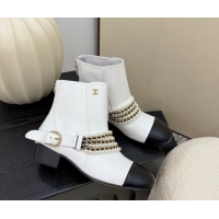 Best Product Chanel Calfskin Leather Ankle Boots with Pearls White 2025 CH110408 1104048