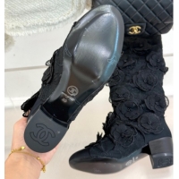 Shop Duplicate Chanel Mesh & Rose Bloom Heel High Boots Black 2025 CH110411 1104055