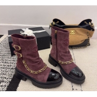 Popular Style Chanel Suede & Patent Leather Platform Ankle Boots with Chain and Buckle Burgundy CH110412 1104057