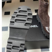 Shop Duplicate Chanel Suede and Shiny Calfskin Platform Ankle Boots Brown 2025 CH110404 1104070